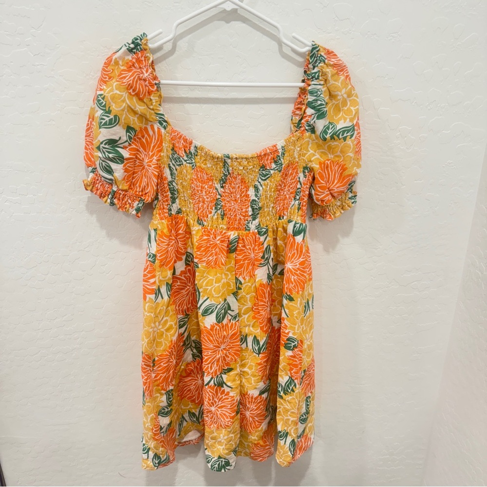 House of Harlow Linen Smocked Mini Dress Women Small Tropical Puff Sleeve Beach
